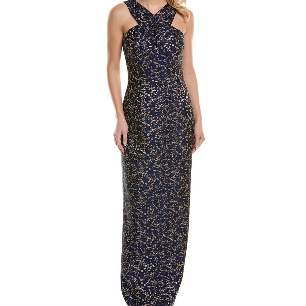 Sleeveless Crossover Jacquard Column Gown